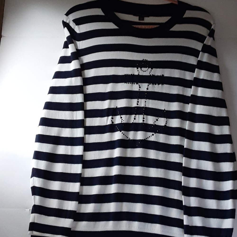 SWEATER Tommy Hilfiger Nautical Navy White Strip Studded Anchor Detail - Picture 2 of 5